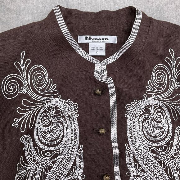 Nygard Jacket‎ Women 10 Brown White Embroidered Paisley Linen Boho Art Neutral - Picture 2 of 10